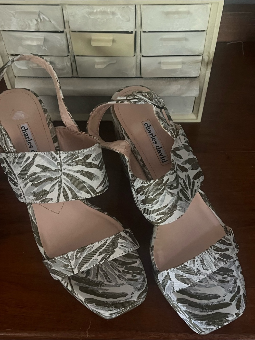 Charles David Olive and White Printed wedge Slingback Heels